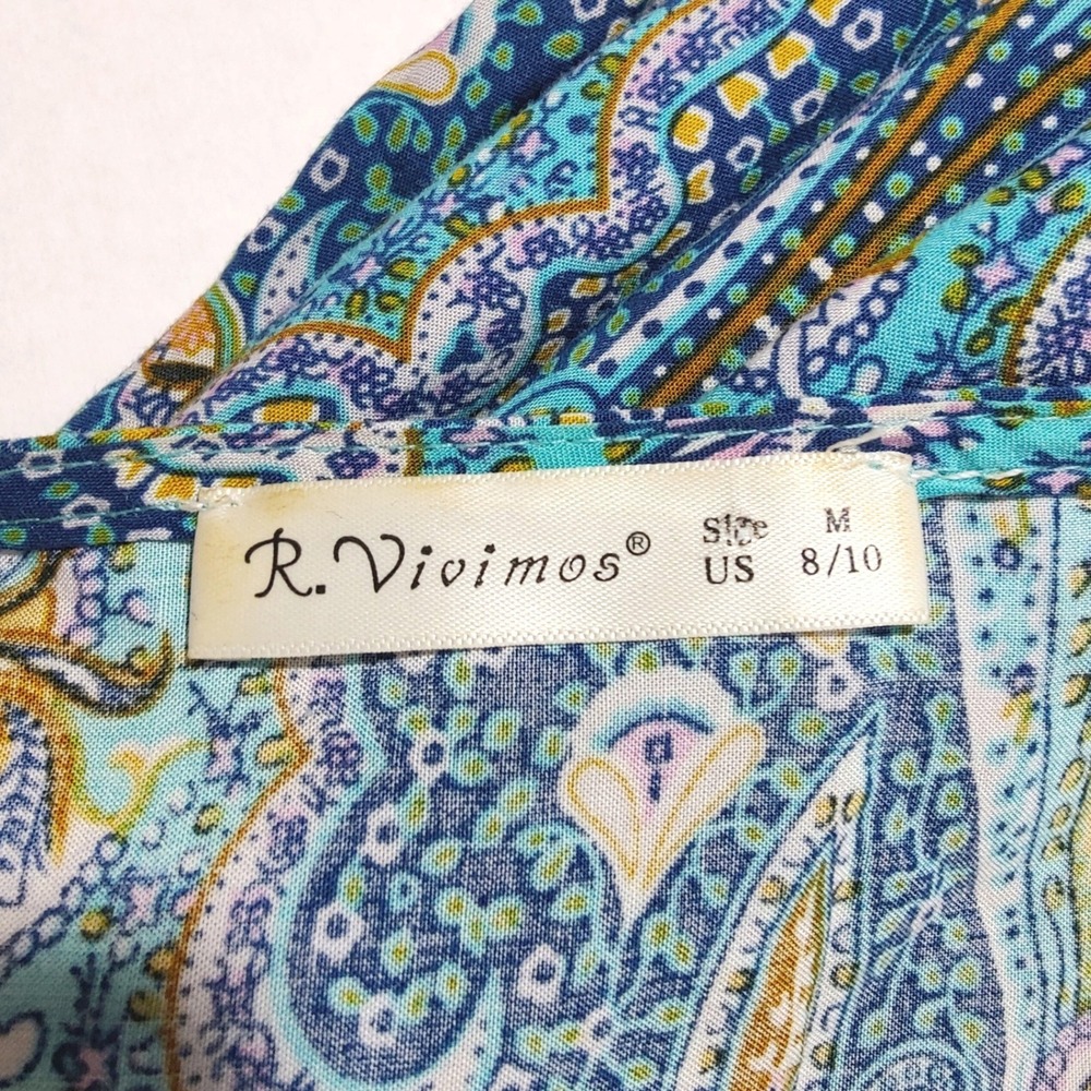 R. Vivimos Paisley Wrap Maxi Dress Blue Boho Resort Bell Sleeve M US 8/10 - Picture 7 of 7
